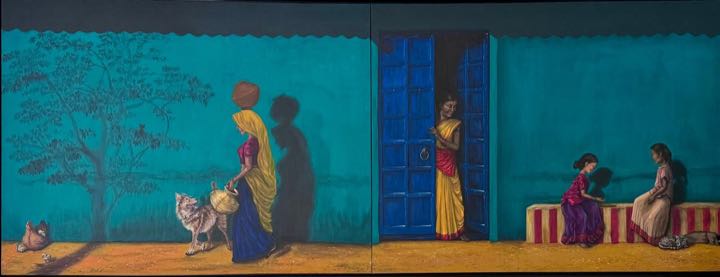 Two-panel painting: women, children, a dog and hens by a turquoise wall with a blue door