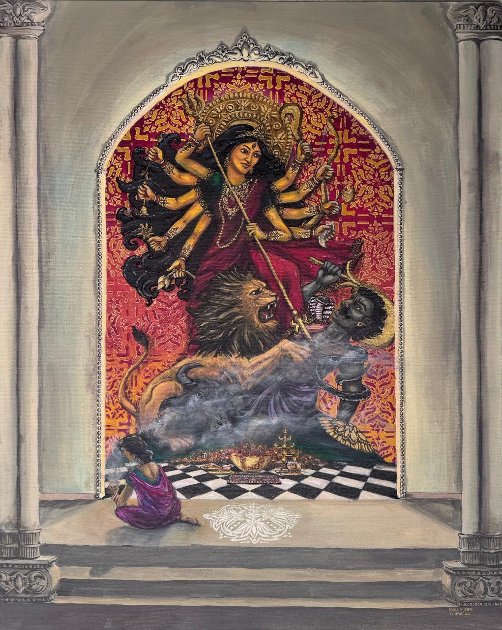 Durga on her lion slaying Mahishasura inside a temple arch, a woman praying before her