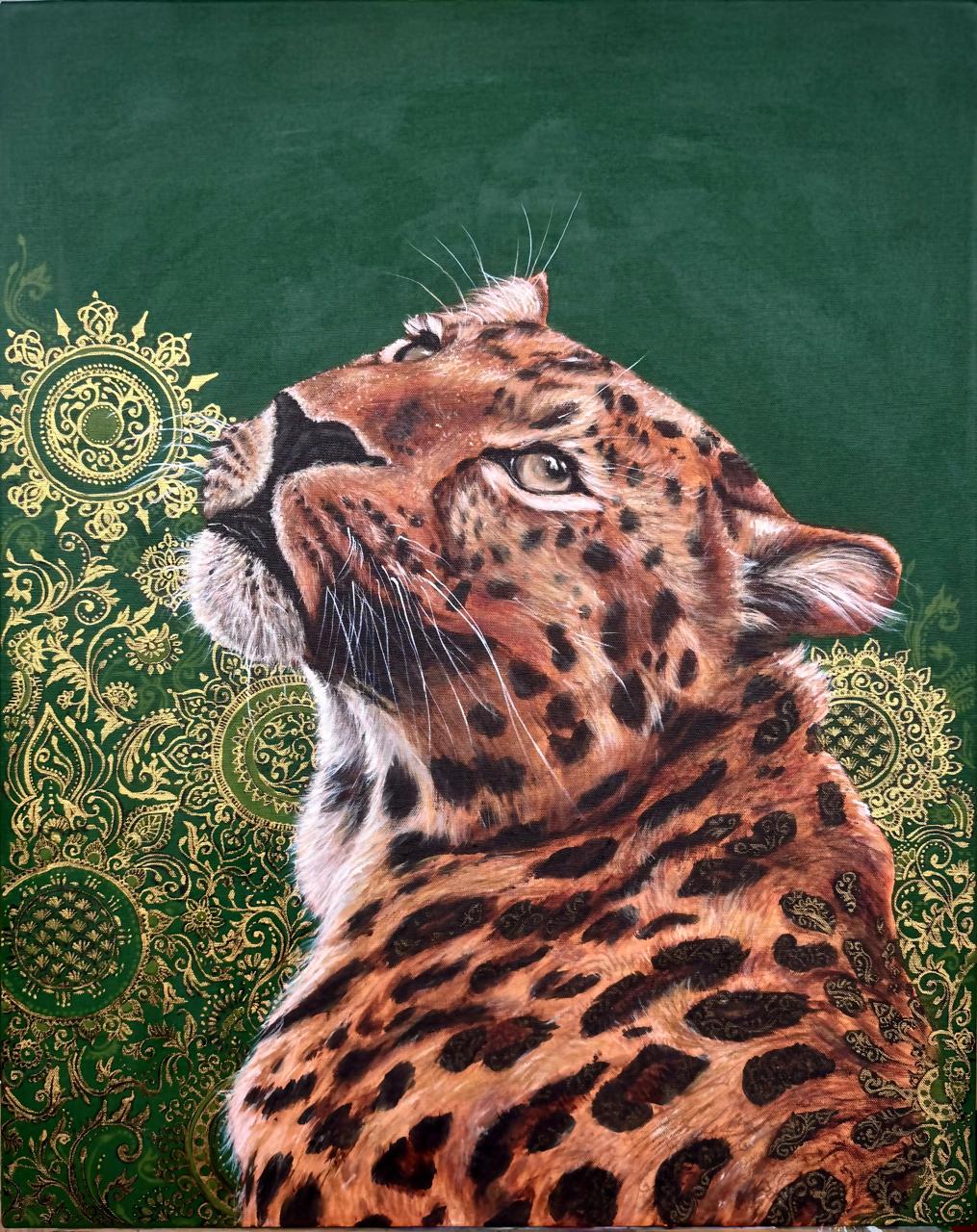 Painting of a leopard gazing upward against deep green, with gold ornamental patterns