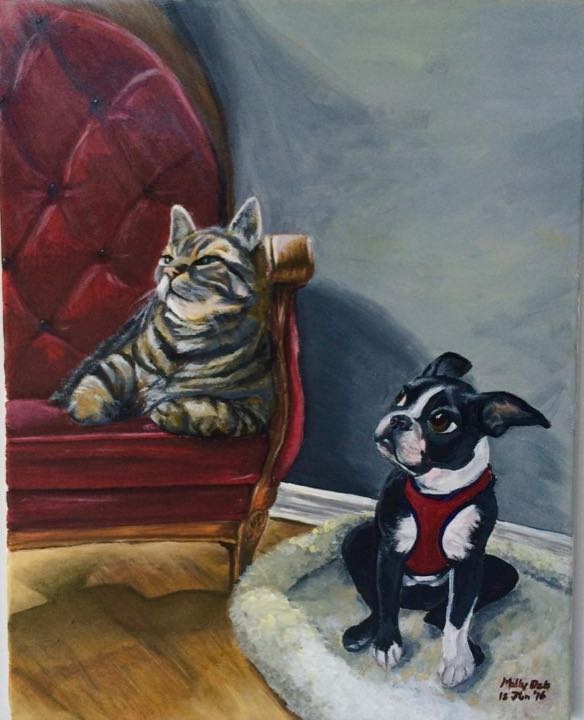 Painting of a tabby cat on a red velvet chair and a Boston terrier in a red harness