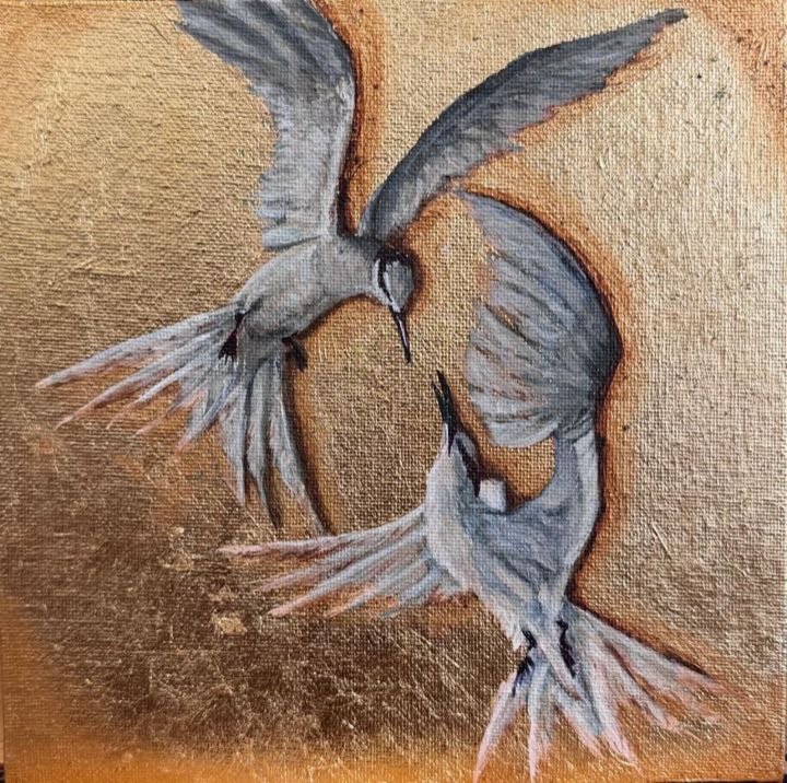 Two terns wheeling in flight against a gold ground